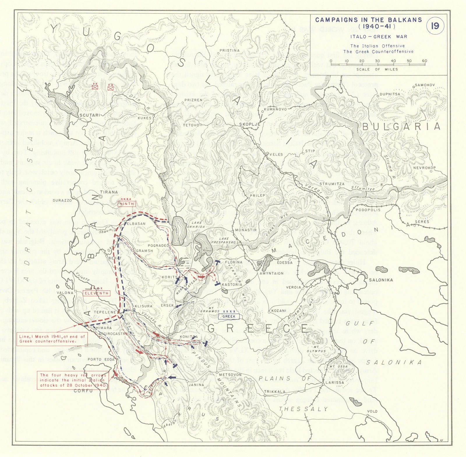 World War 2. Greco-Italian War 1940-41. Offensive/Greek Counter. Greece 1959 map